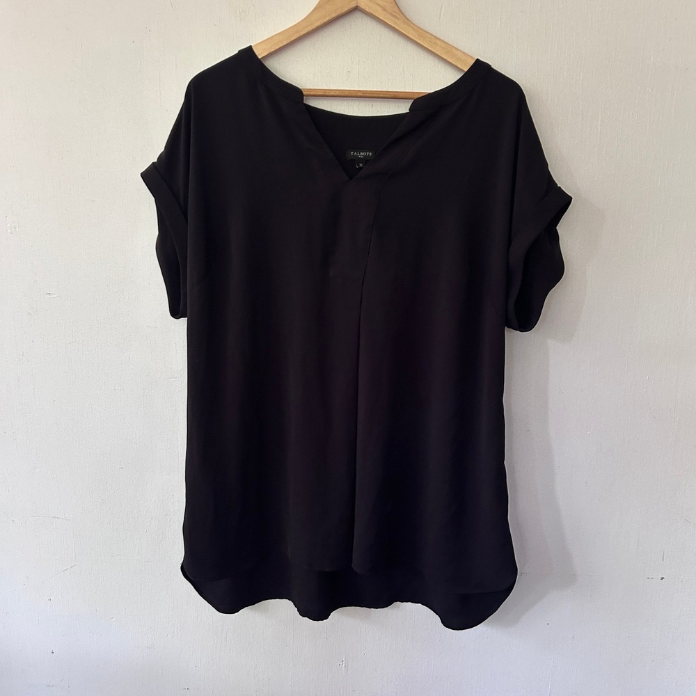 Talbots Blouse Womens 1X Black Short Sleeve V-Neck Career Neutral Whimsigoth